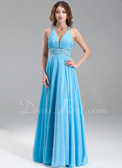 A-Line/Princess V-neck Floor-Length Chiffon Prom Dress With Ruffle Beading Sequins (018004867)