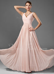 A-Line/Princess V-neck Floor-Length Chiffon Prom Dress With Ruffle (018005068)