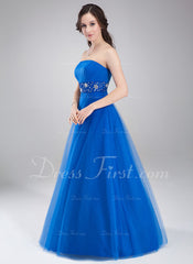 A-Line/Princess Strapless Floor-Length Tulle Prom Dress With Ruffle Beading (018002491)