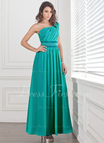 A-Line/Princess One-Shoulder Ankle-Length Chiffon Charmeuse Prom Dress With Ruffle Beading (018004855)