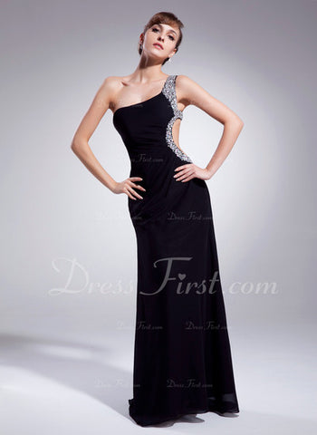 Sheath One-Shoulder Sweep Train Chiffon Prom Dress With Ruffle Beading (018004918)