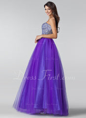 A-Line/Princess Sweetheart Floor-Length Tulle Charmeuse Prom Dress With Ruffle Beading Sequins (018004898)