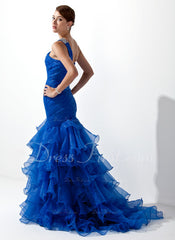 Trumpet/Mermaid One-Shoulder Sweep Train Organza Prom Dress With Ruffle Beading (018005077)