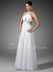 A-Line/Princess Scoop Neck Sweep Train Chiffon Prom Dress With Ruffle Beading (018002320)