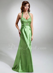 Trumpet/Mermaid Halter Sweep Train Charmeuse Prom Dress With Ruffle Beading (018002832)