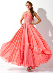 A-Line/Princess V-neck Floor-Length Chiffon Prom Dress With Ruffle Beading Sequins (018004805)