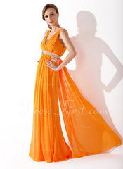 A-Line/Princess V-neck Floor-Length Chiffon Prom Dress With Ruffle Beading (018004849)