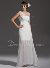 Sheath One-Shoulder Floor-Length Chiffon Prom Dress With Ruffle Beading (018004790)