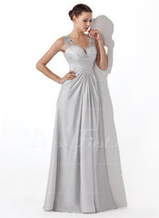 A-Line/Princess V-neck Floor-Length Tulle Charmeuse Prom Dress With Ruffle Beading (018004815)