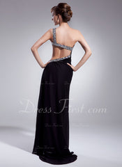 Sheath One-Shoulder Sweep Train Chiffon Prom Dress With Ruffle Beading (018004918)