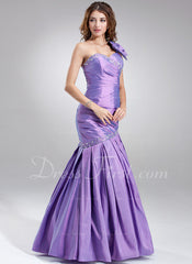 Trumpet/Mermaid One-Shoulder Floor-Length Taffeta Prom Dress With Ruffle Beading (018002456)