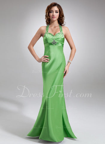 Empire Halter Floor-Length Charmeuse Prom Dress With Ruffle Beading Sequins (018004842)