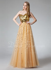 A-Line/Princess Sweetheart Floor-Length Tulle Prom Dress With Sequins (018004807)