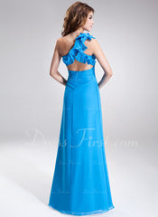 A-Line/Princess One-Shoulder Floor-Length Chiffon Prom Dress With Ruffle Beading (018004809)