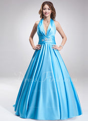 A-Line/Princess Halter Sweep Train Satin Prom Dress With Ruffle Beading (018002743)