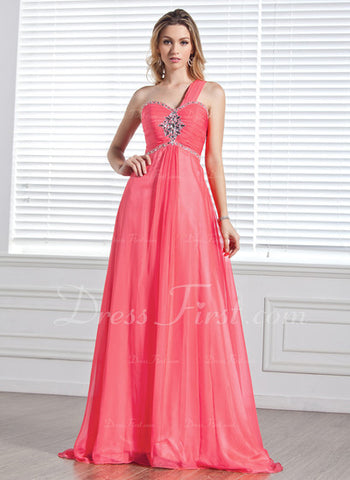 A-Line/Princess One-Shoulder Sweep Train Chiffon Prom Dress With Ruffle Beading (018004848)