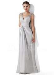 A-Line/Princess V-neck Floor-Length Tulle Charmeuse Prom Dress With Ruffle Beading (018004815)