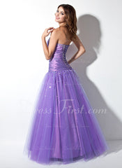 A-Line/Princess Sweetheart Floor-Length Taffeta Tulle Prom Dress With Ruffle Beading (018005057)