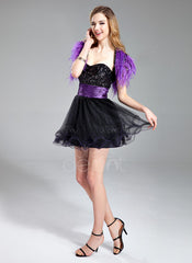 A-Line/Princess Sweetheart Short/Mini Tulle Charmeuse Sequined Homecoming Dress With Ruffle Sash (022019585)