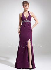 Trumpet/Mermaid Halter Sweep Train Chiffon Prom Dress With Beading (018004886)