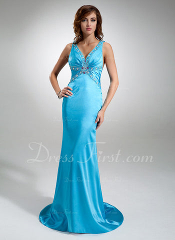 Trumpet/Mermaid V-neck Sweep Train Charmeuse Prom Dress With Ruffle Beading (018002513)