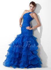 Trumpet/Mermaid One-Shoulder Sweep Train Organza Prom Dress With Ruffle Beading (018005077)