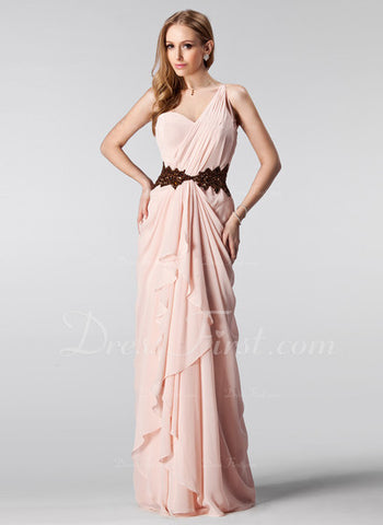 A-Line/Princess One-Shoulder Floor-Length Chiffon Prom Dress With Ruffle Beading Sequins (018004909)