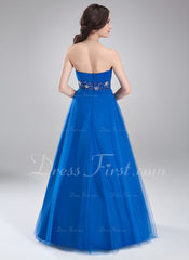 A-Line/Princess Strapless Floor-Length Tulle Prom Dress With Ruffle Beading (018002491)