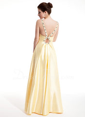 A-Line/Princess V-neck Floor-Length Charmeuse Prom Dress With Ruffle Beading (018004804)