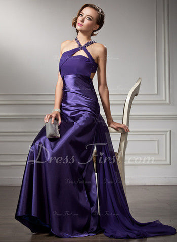 A-Line/Princess V-neck Watteau Train Chiffon Charmeuse Prom Dress With Ruffle Beading (018004881)