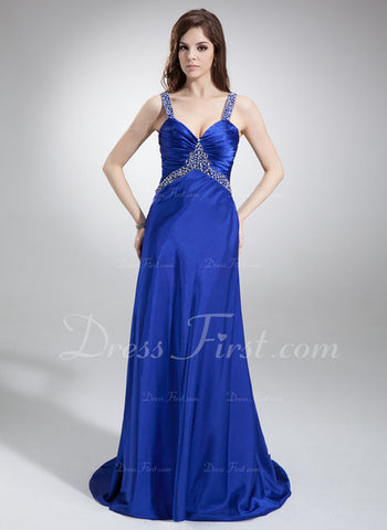 A-Line/Princess V-neck Sweep Train Charmeuse Prom Dress With Ruffle Beading (018002831)