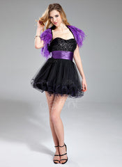 A-Line/Princess Sweetheart Short/Mini Tulle Charmeuse Sequined Homecoming Dress With Ruffle Sash (022019585)