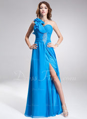 A-Line/Princess One-Shoulder Floor-Length Chiffon Prom Dress With Ruffle Beading (018004809)