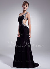 Sheath One-Shoulder Sweep Train Chiffon Prom Dress With Ruffle Beading (018004918)