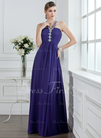 A-Line/Princess V-neck Floor-Length Chiffon Prom Dress With Ruffle Beading (018004956)