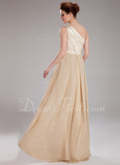 A-Line/Princess One-Shoulder Floor-Length Chiffon Charmeuse Prom Dress With Ruffle Beading (018004859)