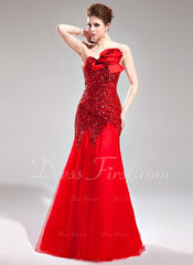 Trumpet/Mermaid Sweetheart Floor-Length Tulle Sequined Prom Dress With Flower(s) (018005082)