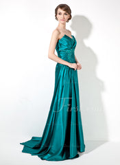 Sheath Scalloped Neck Sweep Train Charmeuse Prom Dress With Ruffle Beading (018002473)