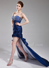 Sheath Sweetheart Asymmetrical Taffeta Prom Dress With Ruffle Beading Flower(s) Sequins (018002500)