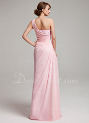 A-Line/Princess One-Shoulder Floor-Length Chiffon Prom Dress With Ruffle Beading (018004880)