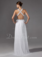 A-Line/Princess Scoop Neck Sweep Train Chiffon Prom Dress With Ruffle Beading (018002320)