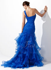 Trumpet/Mermaid One-Shoulder Sweep Train Organza Prom Dress With Ruffle Beading (018005077)