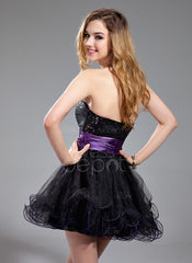 A-Line/Princess Sweetheart Short/Mini Tulle Charmeuse Sequined Homecoming Dress With Ruffle Sash (022019585)