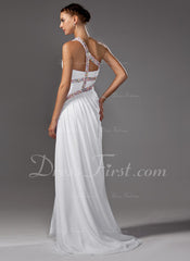 A-Line/Princess One-Shoulder Sweep Train Chiffon Prom Dress With Ruffle Beading (018005081)