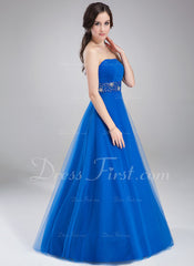 A-Line/Princess Strapless Floor-Length Tulle Prom Dress With Ruffle Beading (018002491)