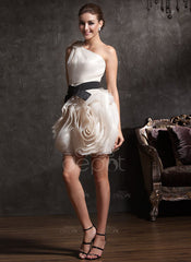 Sheath One-Shoulder Short/Mini Organza Charmeuse Cocktail Dress With Ruffle Sash (016013728)