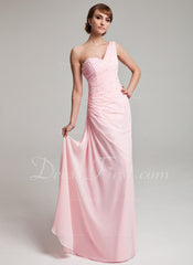 A-Line/Princess One-Shoulder Floor-Length Chiffon Prom Dress With Ruffle Beading (018004880)