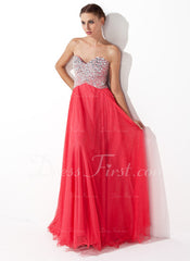 A-Line/Princess Sweetheart Floor-Length Tulle Charmeuse Prom Dress With Beading (018004812)