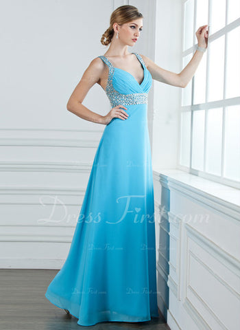 A-Line/Princess V-neck Floor-Length Chiffon Prom Dress With Ruffle Beading Sequins (018004840)