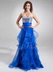 A-Line/Princess Sweetheart Sweep Train Organza Sequined Prom Dress With Ruffle (018004862)